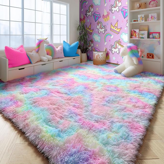 PAGISOFE 4x6 Rainbow Fluffy Soft Plush Area Rugs for Girls Bedroom, Shaggy Rugs for Kids Playroom,Kawaii Princess Fuzzy Rugs for Nursery Baby Toddler,Cute Colorful Room Decor for Teenage