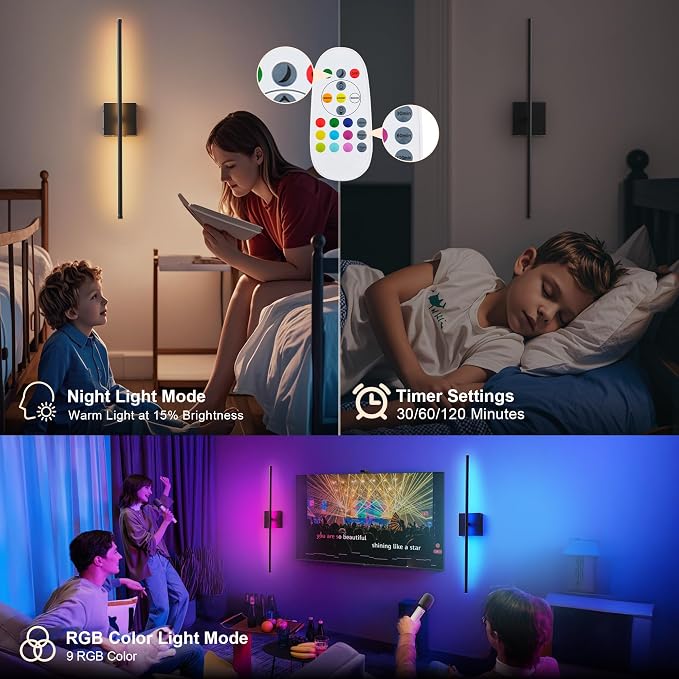 KARTOOSH 32.2 Inch Battery Operated Wall Sconces Wireless Set of 2, Black | RGB Wall Lamps, 3 Color Temps, Remote Control, Dimmable Rotatable, LED Wall Lights for Living Room Bedroom