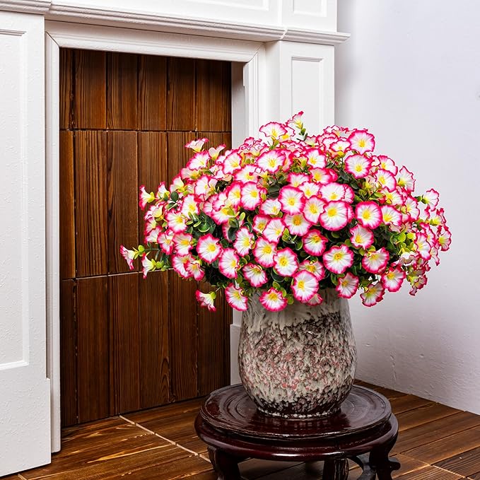 Nigirior Artificial Faux Flowers for Outdoor 16 Bundles Boxwood Fake Morning Glory for Planter,UV Resistant Fake Flowers for Home Porch Patio Outside（Pink）