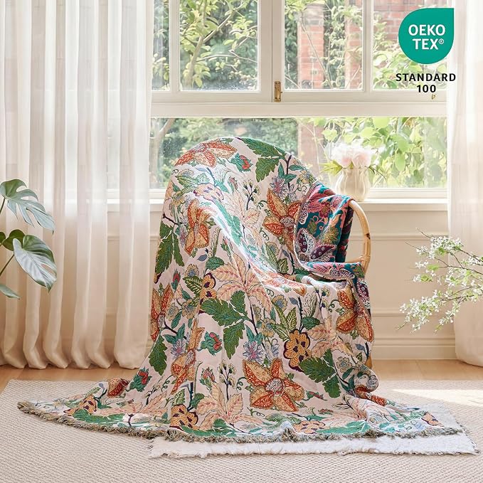 MSGKV Boho Throw Blanket for Bed Twin Size 100% Cotton Floral Blanket 60"x80" Lightweight Farmhouse Muslin Summer Breathable Couch Blankets Home Decor All Seasons