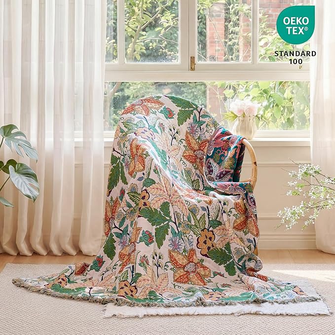MSGKV Boho Throw Blanket for Couch Chair 100% Cotton Embroidery Floral Blanket 50"x60" Sofa Blankets for All Seasons Lightweight Farmhouse Muslin Summer Breathable Bed Blankets Home Decor