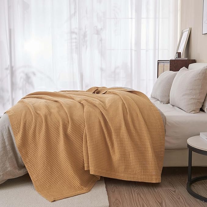 100% Cotton Yellow Blanket Full/Queen Size for Bed - Breathable and Soft, Waffle Weave for Summer Spring, 90x90 Inches (Marigold)