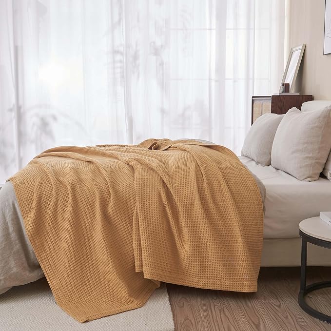 100% Cotton Yellow Blanket Twin Size for Bed - Breathable and Soft, Waffle Weave for Summer Spring, 90x66 Inches (Marigold)