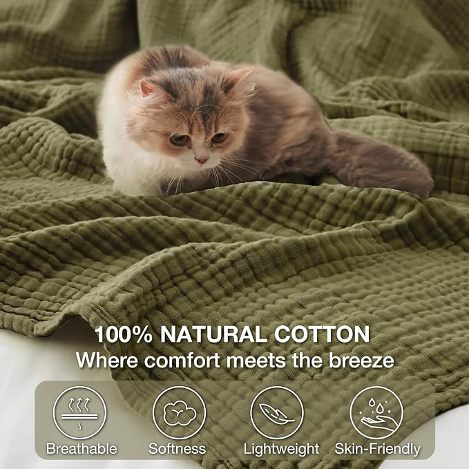 100% Cotton Muslin Blanket Twin 66" x 90", Breathable and Lightweight Twin Blankets for Couch, Soft Cooling Summer Gauze Blanket for Adults All Season, Olive Green