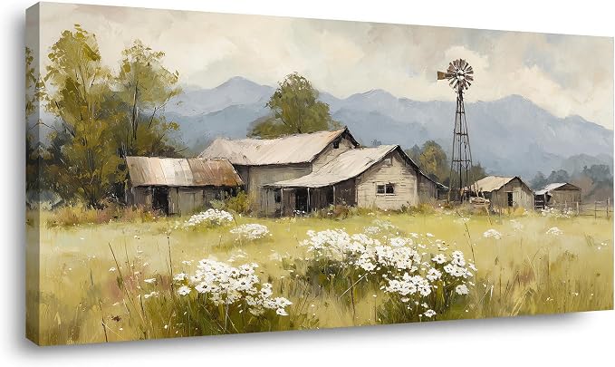 Ggaafet Rural House Wall Art for Bedroom Canvas Oil Painting Prints Beautiful Countryside Tranquility Cabin Landscape Art Deco Retro Rustic Artwork Office Farmhouse Dining Room Decor