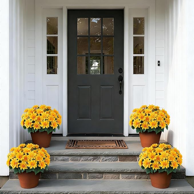 VIERENA 8 Bundles Artificial Dahlia Flowers for Outdoors Spring Summer Decor, No Fade Silk Flower Faux Dahlias Plant Arrangement for Home Garden Balcony Farmhouse（Yellow）