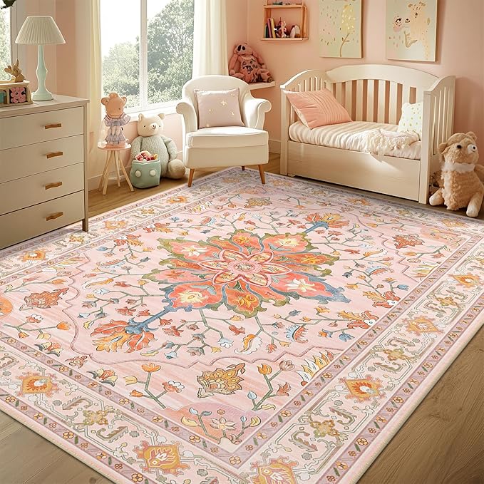 RELEANY Area Rugs 5'x7' Washable Non-Slip, Floral Vintage Distress Print Pattern Medallion Carpet for Living Room Bedroom Dining Room, Light Pink Colorful