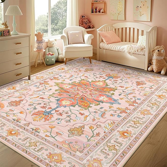 RELEANY Area Rugs 5'x7' Washable Non-Slip, Floral Vintage Distress Print Pattern Medallion Carpet for Living Room Bedroom Dining Room, Light Pink Colorful