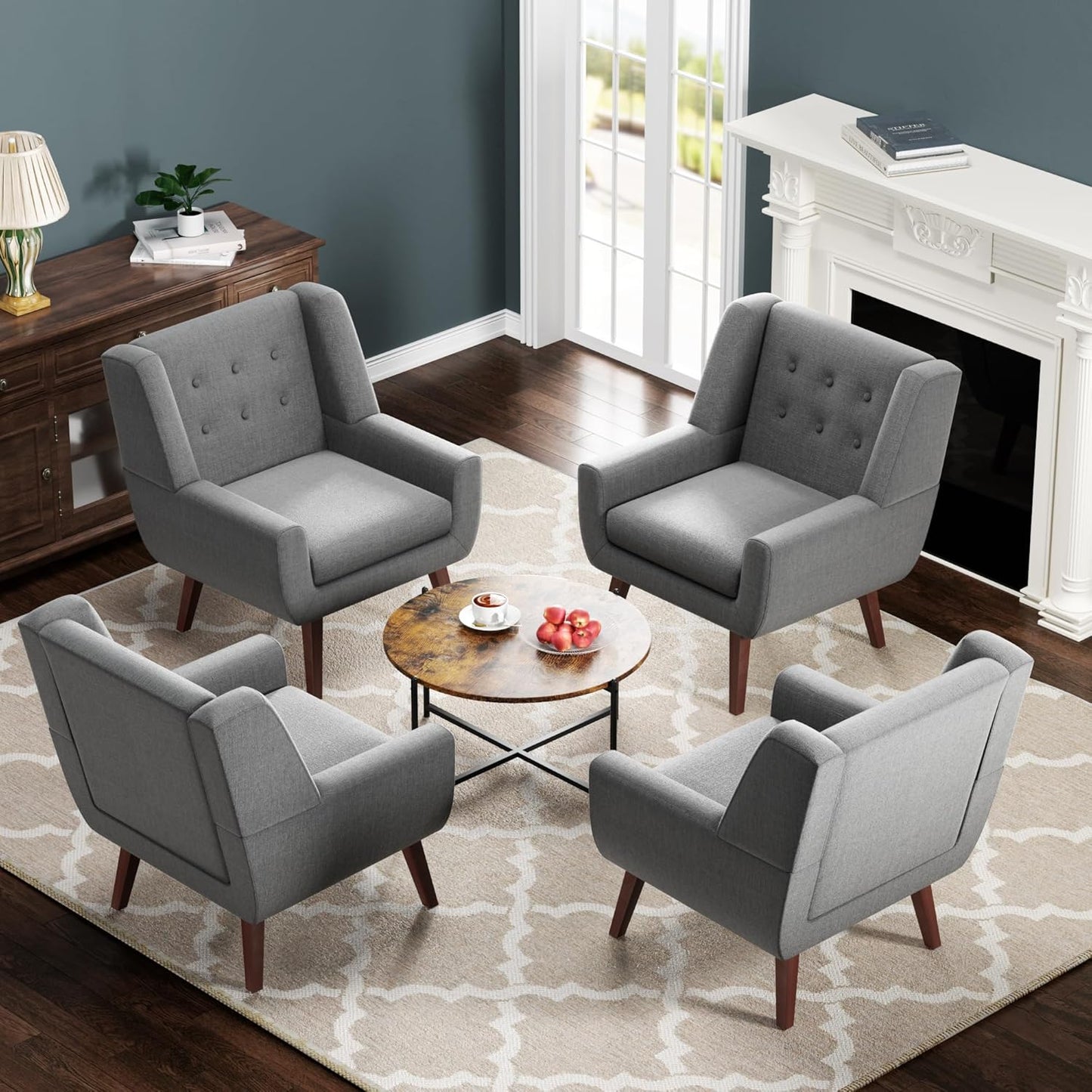 HUIMO Accent Chairs Set of 4, Upholstered Button Tufted Armchair, Linen Fabric Sofa Chairs for Bedroom, Living Room, Mid Century Modern Comfy Reading Chair (4, Light Grey)