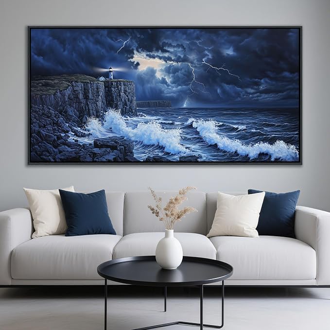 YDYSUNE Large Wall Decor- Ocean Canvas Painting Navy Blue Picture Framed Lighthouse Coastal Wall Art,Huge Waves Seascape Decoration Artwork for Living Room,Bedroom,Office Size 29x58 Inches