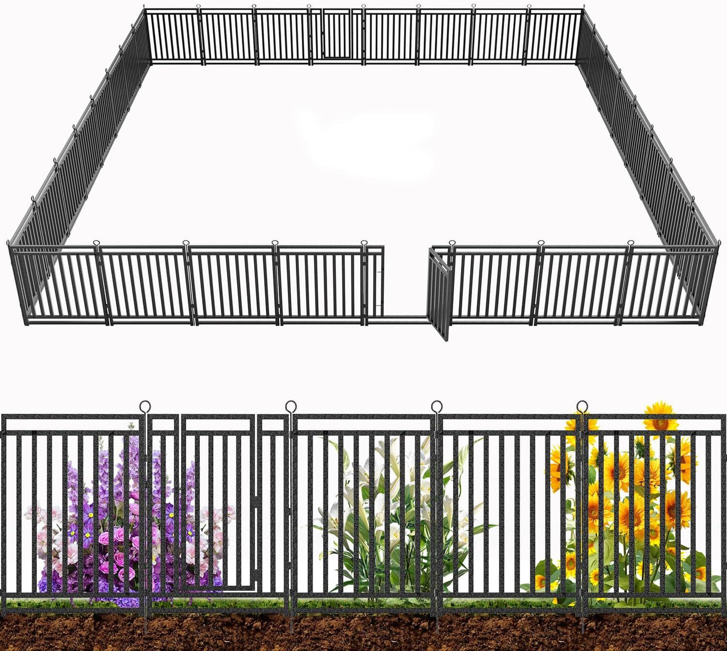 Decorative Garden Fence Metal Dog Fence Outdoor for Yard, 72ft (L) × 32in (H), 28 Panels + 4 Gates, Rustproof Animal Barrier Fencing for Patio & Flower Bed, No Dig, Black-Silver