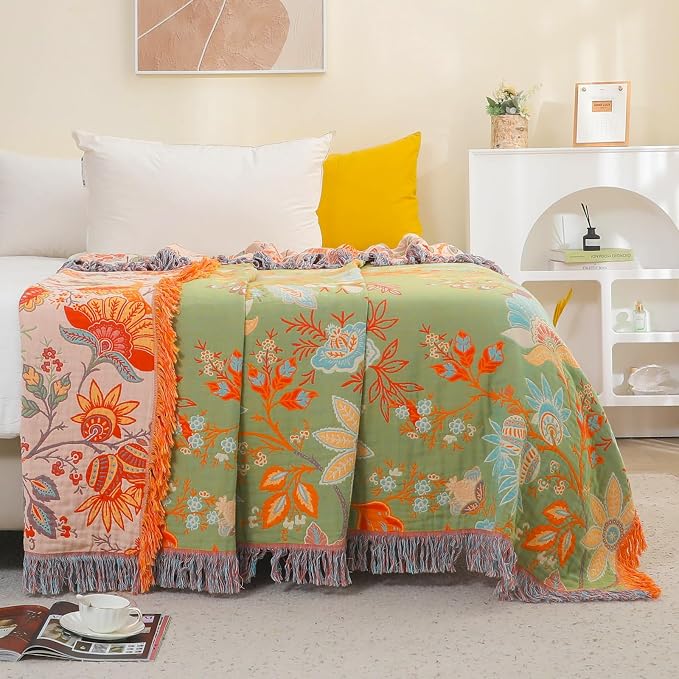 Boho Fall Throw Blanket for Bed,100% Ultra Cotton Soft Breathable Bed Throw Floral Decorative Cottage Farmhouse Decor Rustic Jacquard Bed Throws for Couch Sofa Quilt 60" x 80"-Orange& Sage Green