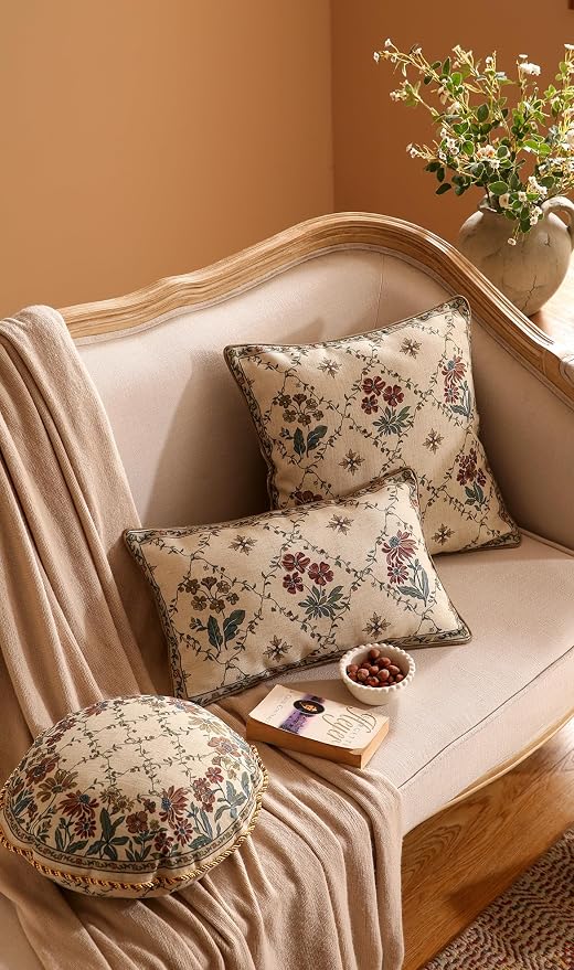 patdrea Designer French Vintage Linen Throw Pillow Cover,12"x20"-Audrey A | Decorative Pillow Case with Zipper,Brown Floral Pattern,Pillow Cover for Couch Living Room Bedroom Sofa