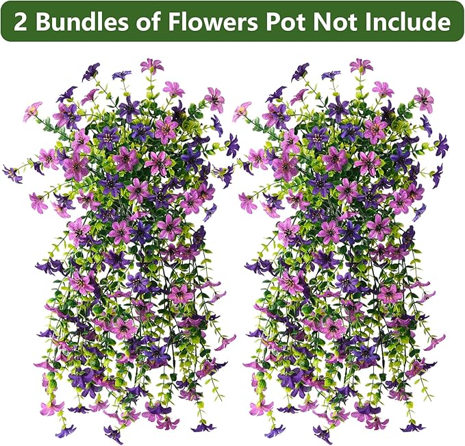 Homsunny Artificial Fake Hanging Flowers Plants for Outdoor Spring Decoration, 2 PCS Faux Silk Flower Outside Planter UV Resistant Look Real for Front Patio Porch Home Decor (Double Purple)