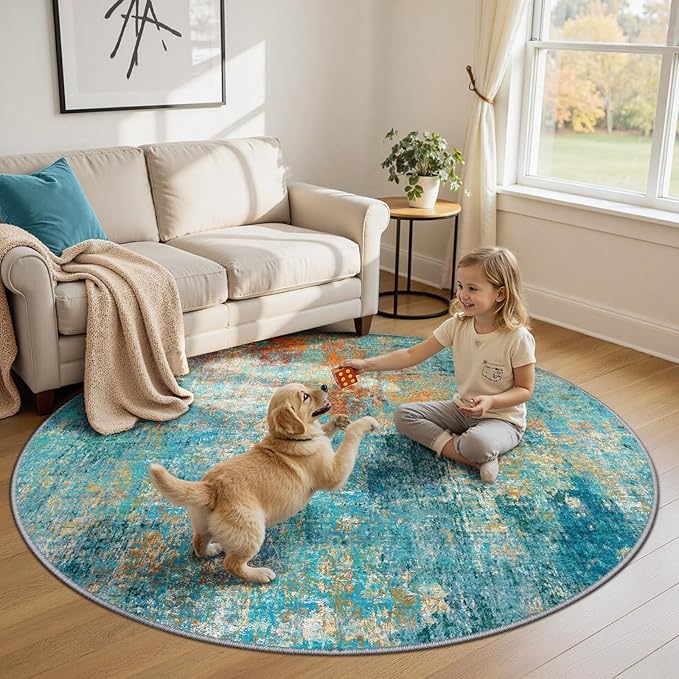 RELEANY Washable Area Rugs 6ft Non-Slip Modern Abstract Soft for Living Room Entryway Bedroom Nursery, Print Pattern, Teal Blue Green Orange Rust Red Coloreful