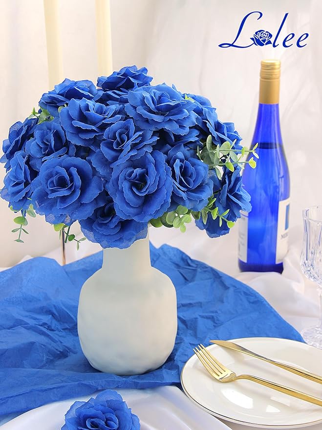 LELEE 108pcs Roses Head Flowers with Stem - Royal Blue Artificial Flowers Rose Bulk - Silk Rose Fake Flower for Wedding Bouquet Party Home Decor DIY Baby Shower Centerpieces Tables Decoration