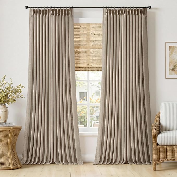 MIULEE Pinch Pleated Thick Linen Curtains 108 Inches Length 2 Panels for Living Room Bedroom, Extra Long Pinch Pleat Drapes Back Tab Light Filtering Grey Beige Foor to Ceiling Curtains with Hooks