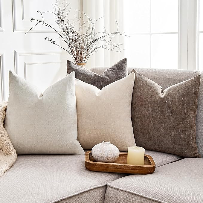 Pack of 4 Throw Pillow Covers 22x22 Inch Chenille Textured Neutral Soft Pillow Covers Solid Decorative Farmhouse Cushion Covers Home Boho Decor for Couch Sofa Bed Living Room