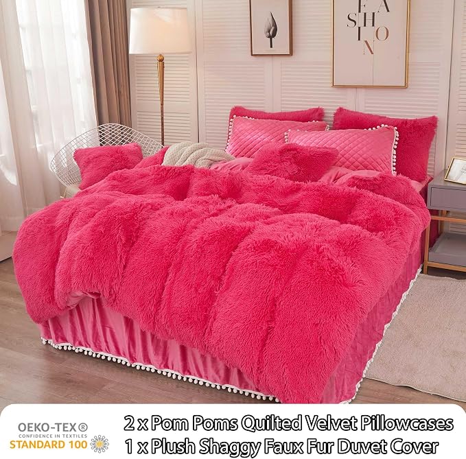 LIFEREVO Luxury Plush Shaggy Duvet Cover Set, Soft Velvet Fluffy Duvet Cover Furry Bedding Comforter Set(1 Faux Fur Fuzzy Duvet Cover + 2 Pompoms Pillow Cases), Zipper Closure(Full/Queen, Hot Pink)