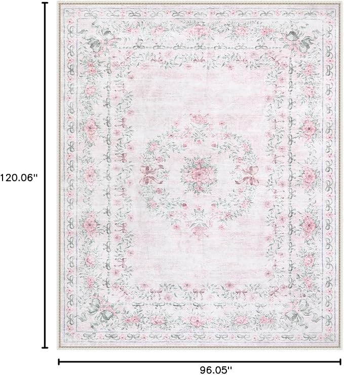 Wonnitar Floral Bow Print 8x10 Area Rugs, Washable Pink Rugs for Bedroom Girls, Boho Ultra-Thin Soft Non Slip Carpet for Nursery Living Room Kids Room Classroom Decor, Light Pink