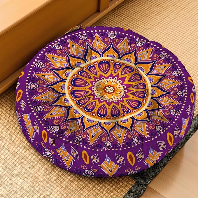 Mandala Meditation Cushion, Boho Meditation Mat, Meditation Pillows for Sitting on Floor, Cushions for Sitting in Home and Outdoor, Round Floor Pillows Cushion Seating for Yoga Accessories 22'' X 22''