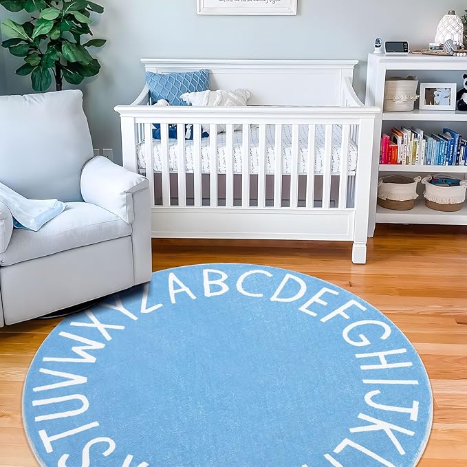 Topotdor Round Kids Play Rug Alphabet Nursery Area Rug Extra Large Soft Crawling Play Mat for Children Toddlers Bedroom (71 inch, Sky Blue)