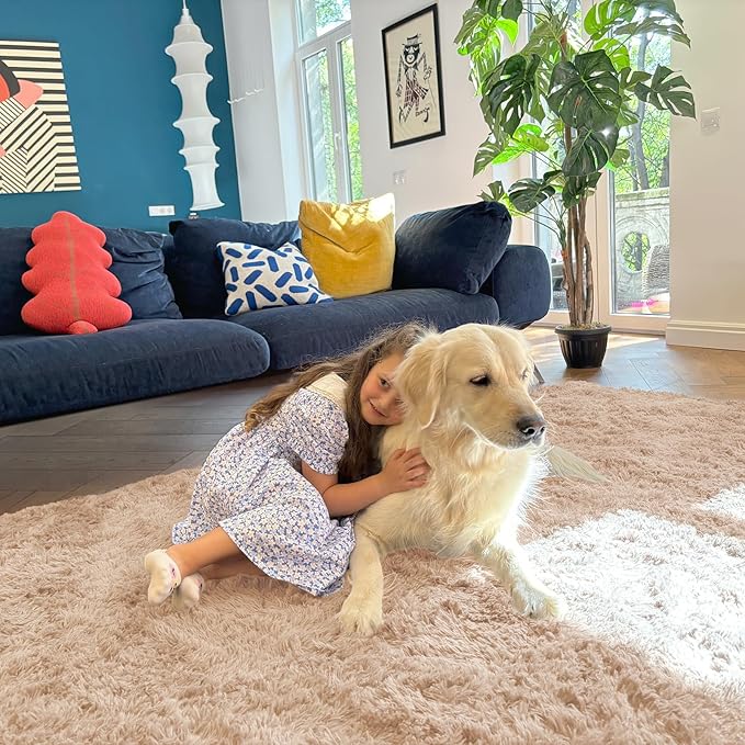 OLANLY 7x9 Machine Washable Large Area Rugs for Living Room, Bedroom, Soft Fluffy Shaggy Bedside Rug, Indoor Floor Carpet for Kids Girls and Boys, Dorms, Nursery, Home Decor Aesthetic, Beige