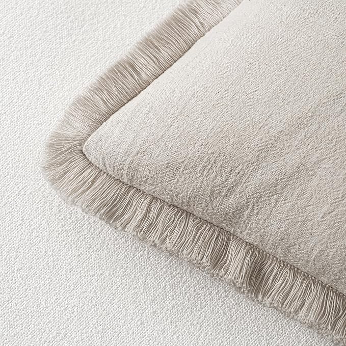 MIULEE Decorative Throw Pillow Covers Neutral Linen Fringe Throw Pillows Set of 2 Natural Beige Boho Farmhouse Cushion Cases with Tassels for Couch Sofa Bed Living Room Spring Decor 18x18 Inch