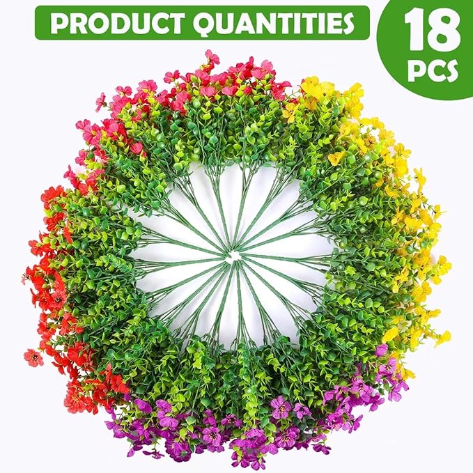 Rowfad 18 Pcs Artificial Daisy Flowers for Outdoors UV Resistant Fake Plastic Colorful Spring Flowers Faux Silk Plants for Outside Porch Easter Patio Home Decor (18, Red, Purple, Yellow, Rose Red)