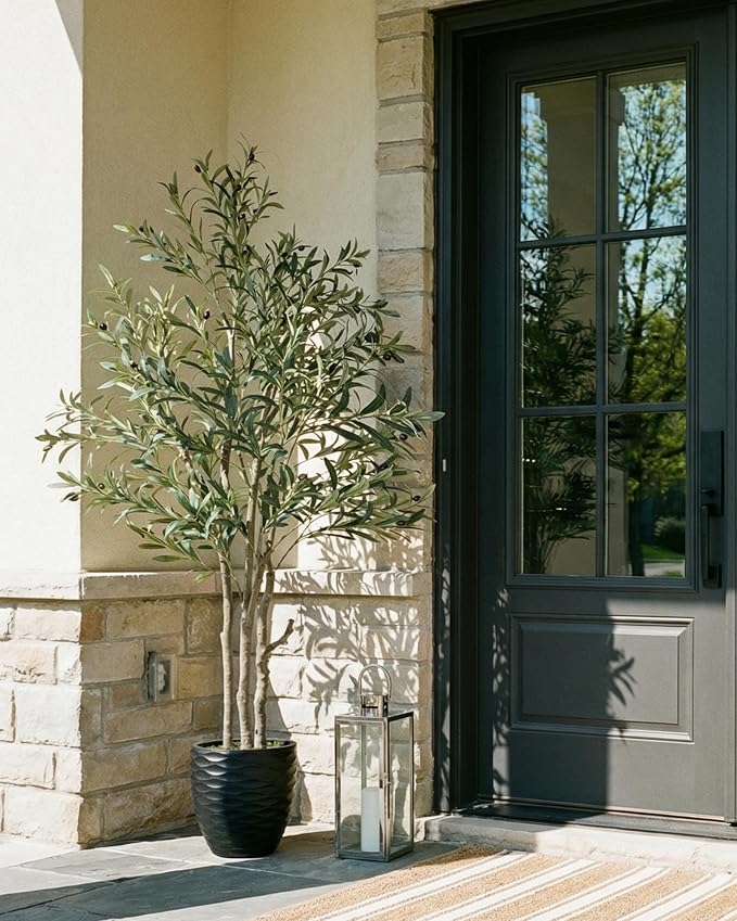KOL 6ft Artificial Olive Tree Indoor, Tall Faux Olive Trees, Fake Olive Tree Floor Plant for Home Office Living Room Decor with Matte Black Pot