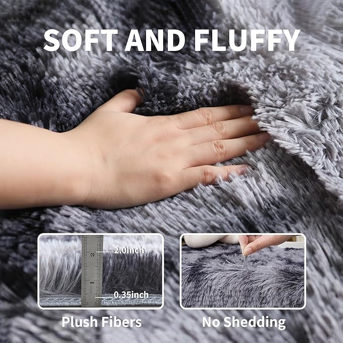 KICHOWUA 4x6 Dark Grey Fluffy Shag Rug for Bedroom, Soft Plush Fuzzy Washable Non Slip Floor Cozy Carpet for Living Room, Modern Comfy Furry Shaggy Area Rug for Kids Baby Nursery Dorm, Tie-Dye Gray