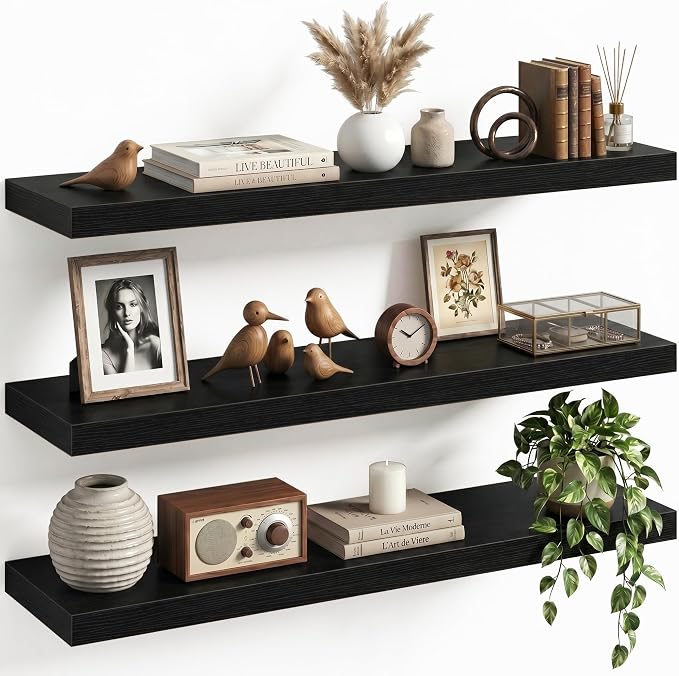 32" Floating Shelves for Wall, Set of 3, 8" Deep, 1.5" Thick, Black | Rustic Wood Wall Shelves with Invisible Brackets, Storage and Display for Bathroom, Bedroom, Living Room or Kitchen
