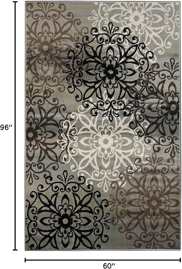 Superior Indoor Area Rug, Jute Backed, Perfect for Entryway, Office, Living/Dining Room, Bedroom, Kitchen, Hardwood Floor, Floral Scroll Decor, Leigh Collection, 5' x 8', Blue