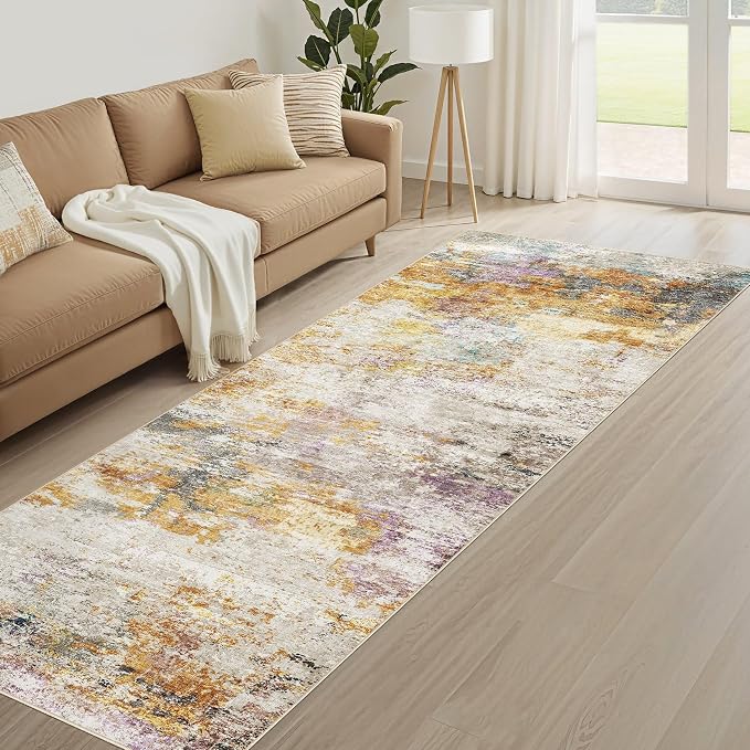 Runner Rug Kitchen Washable Rugs: 2x10 Non-Slip Abstract Soft Modern Stain Resistant Indoor Floor Neutral Accent Throw Carpet for Hallway Bathroom Laundry Room Entryway Bedroom- Gold Colorful