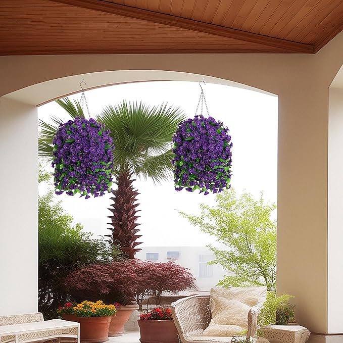 Ammyoo Artificial Faux Hanging Flowers Basket for Spring Summer Outdoor Porch Decor, Fake Silk Colorful Morning Glory Eucalyptus in Planter UV Resistant Look Real for Home Balcony Yard(Dark Purple)