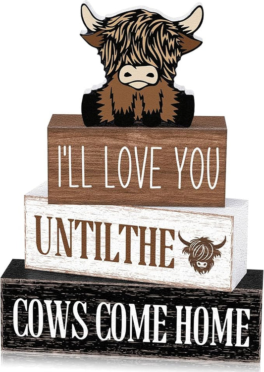 Marsui 4 Pcs Highland Cow Table Decorations Cow Wooden Signs Rustic Cow Tiered Tray Decor Western Tabletop Centerpieces Farmhouse Distressed Highland Cow Decor for Home Desk Room Kitchen Shelf Decor