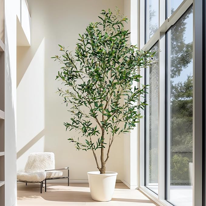 7FT Artificial Olive Tree with Realistic Leaves & Natural Trunk, Faux Silk Olive Plant in White Planter, Tall Fake Tree for Modern Home Office Living Room Entryway Corner Decor, Maintenance Free