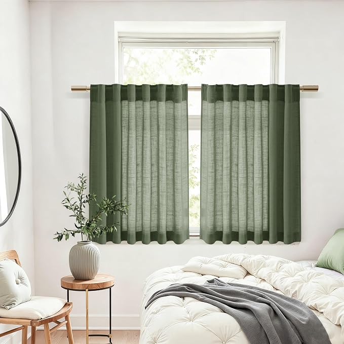 Nanspring Linen Curtains 40 Inch Length 2 Panels for Kitchen Basement Olive Green Semi Sheer Curtains Back Tab and Rod Pocket Neutral Drapes for Small Window/Loft Room, 34 x 40 Inch