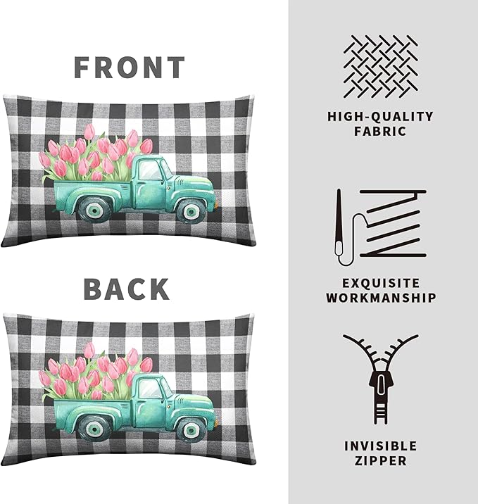Pink Tulip Lumbar Pillow Covers Spring Truck Rectangle Pillow Case 12x20 Tulip Buffalo Check Decorative Waist Pillowcase for Couch Living Room Bedroom Set of 2