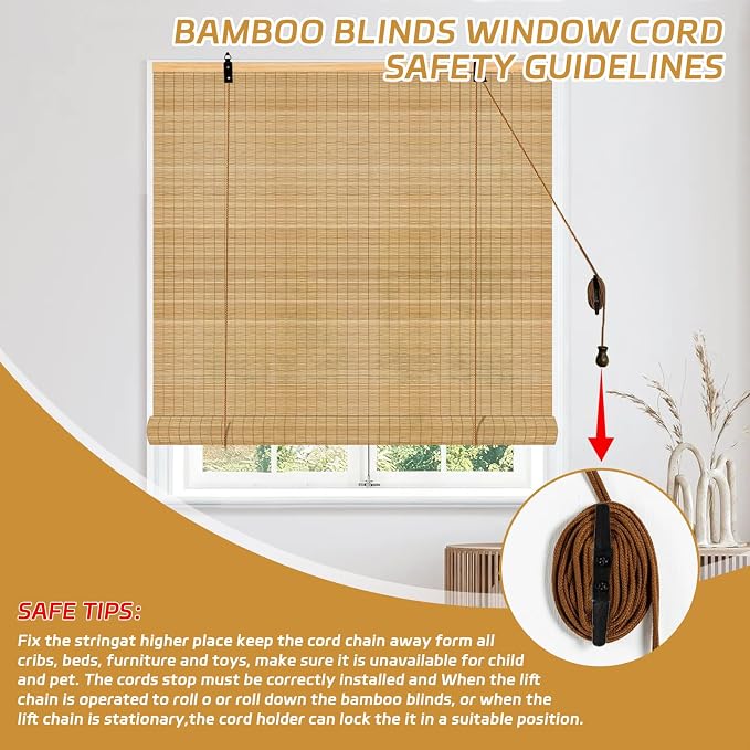 Bamboo Roman Shades, Blackout Natural Bamboo Blinds for Indoor Windows, 24Wx72L Roll Up Bamboo Blind Privacy Shade for Home, Office, Door, UV Resistant & Easy to Install