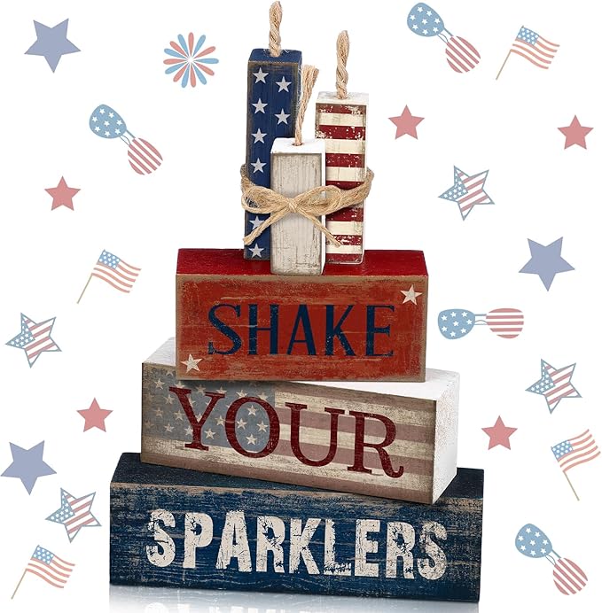 CroBlissful 4 Pcs 4th of July Decorations Patriotic Memorial Day Tabletop Decorations Red White Blue Table Centerpieces Sign for Office Tiered Tray Home Shelf 250th Anniversary(Shake)