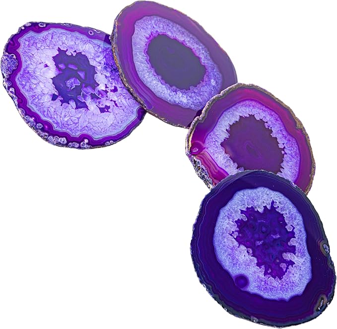Nature's Decorations Purple Agate Stone Coasters - Set of 4, Polished Geode Drink Mats for Dining & Coffee Table & Kitchen Geode Decor Non-Toxic 4.5-5" Diameter
