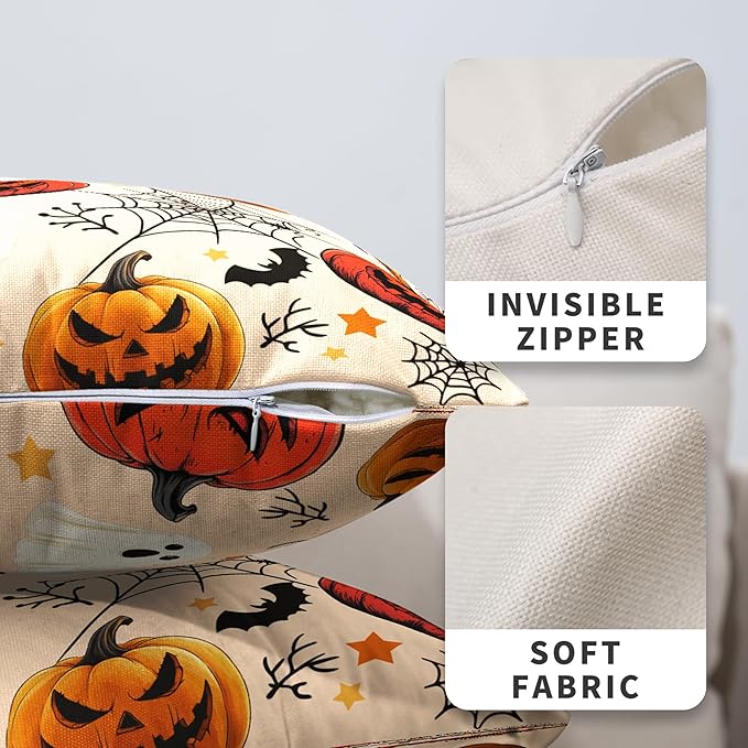 Halloween Pillow Covers 18x18 Set of 2 Jack-O-Lantern Bat Spider Web Ghost Throw Pillow Covers Horror Pumpkin Pillowcase Holiday Decor Cushion Case for Party Outdoor Sofa