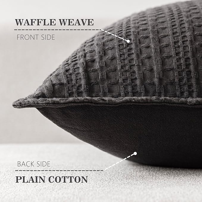 Foindtower Set of 2 Decorative Cotton Waffle Weave Lumbar Throw Pillow Covers Euro Sham Cushion Covers Accent European Pillowcase For Bed Couch Sofa Bedroom Living Room Home Decor 12×20 Inch Dark Grey