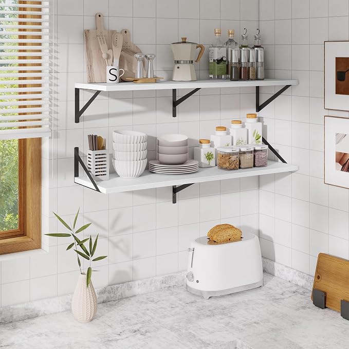 Acovy Floating Shelves for Wall,40" Wall Mounted Shelves Set of 2,Long Wood Floating Shelves,Hanging Wide Display & Storage Shelf with Metal Brackets for Bathroom,Bedroom,Kitchen,Living Room,White