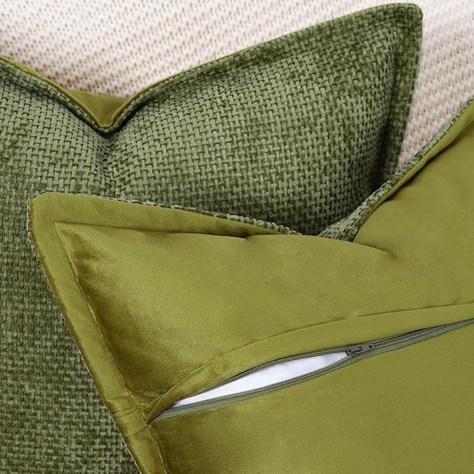MADIZZ Decorative Chenille Velvet Throw Pillow Covers Set of 2 Soft Boho Textured Neutral Couch Throw Pillow for Bed Modern Farmhouse Home Decor for Sofa Livingroom Moss Green 24x24 Inch Euro Sham