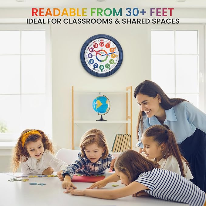 Oyster&Pop 16 Inch Extra Large Classroom Clock for Kids Learning to Tell Time – Silent Non-Ticking Analog Wall Clock – Color Coded Easy to Read – Indoor Outdoor