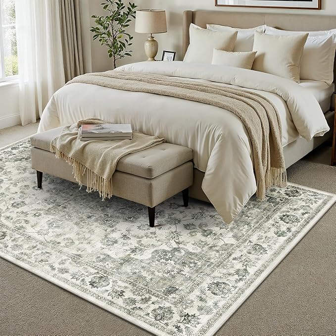 10x14 Neutral Area Rug Green Vintage Living Room Bedroom Washable Carpet Non-Slip Soft Low Pile Farmhouse Indoor Large Throw Rug for Dining Room Office