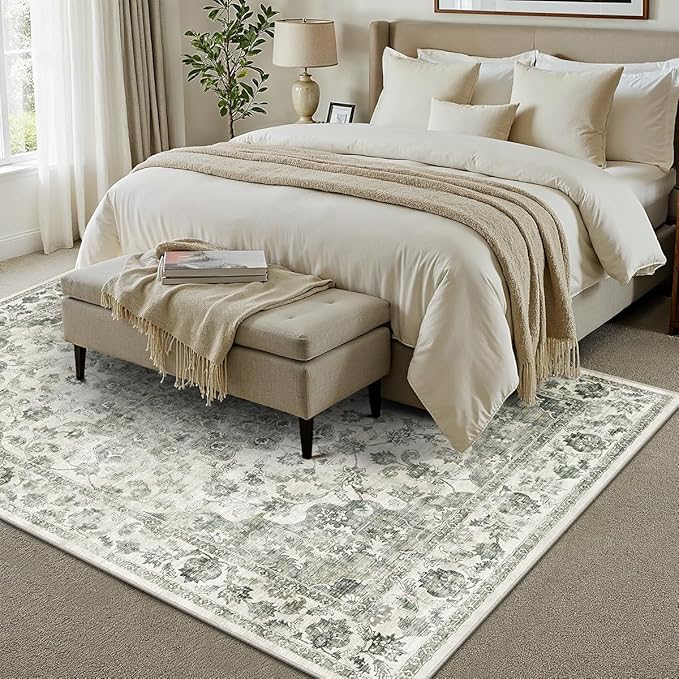 9x12 Neutral Area Rug Green Vintage Living Room Bedroom Washable Carpet Non-Slip Soft Low Pile Farmhouse Indoor Large Throw Rug for Dining Room Office
