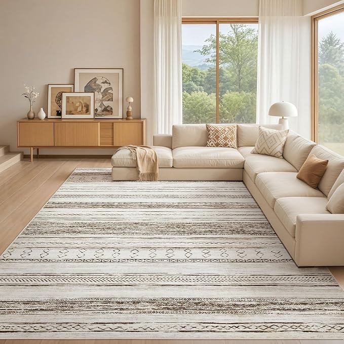 Tortania Area Rug Living Room Rugs - 12x18 Washable Large Soft Neutral Boho Moroccan Bohemian Farmhouse Rug Indoor Floor Carpet for Bedroom Under Dining Table Home Office Decor - Cream Brown